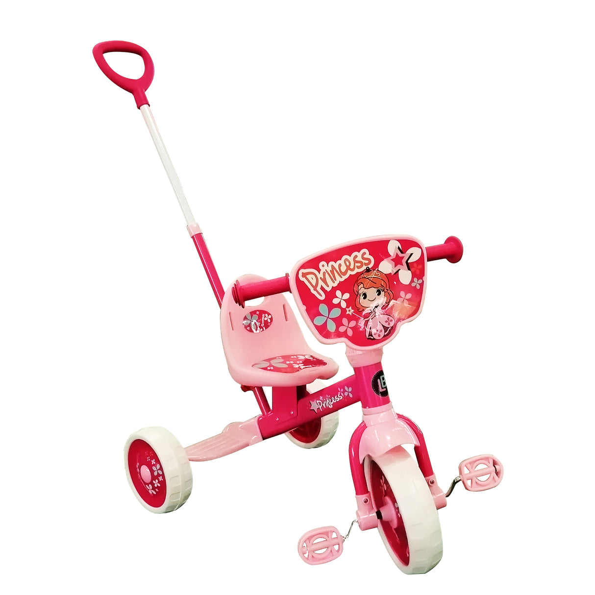 Pink children's tricycle with a princess design on a white background