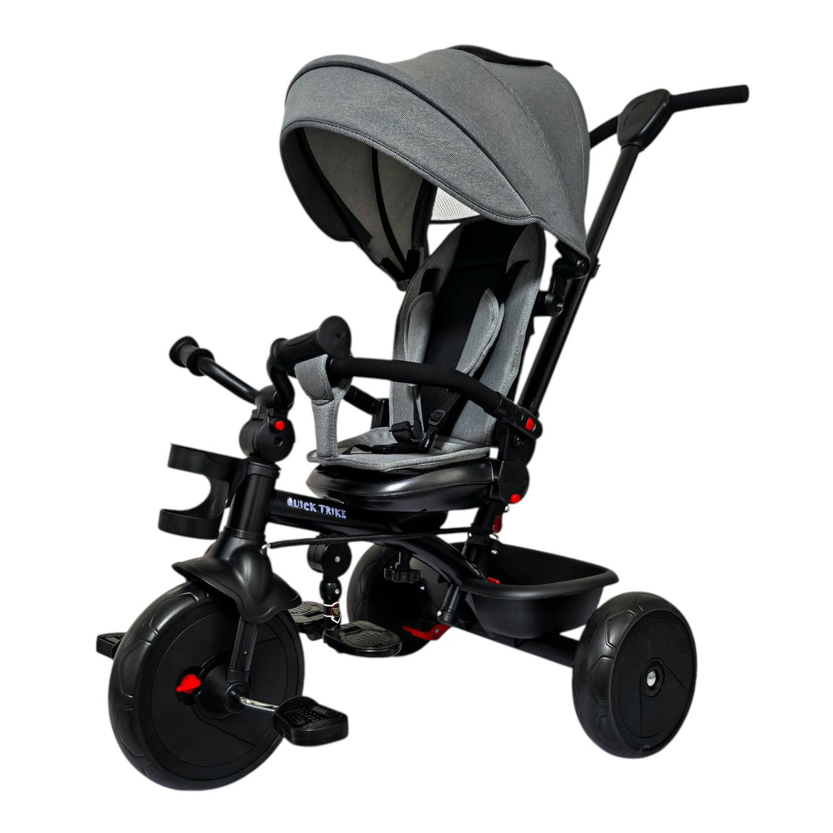 Children's tricycle with grey canopy on a white background