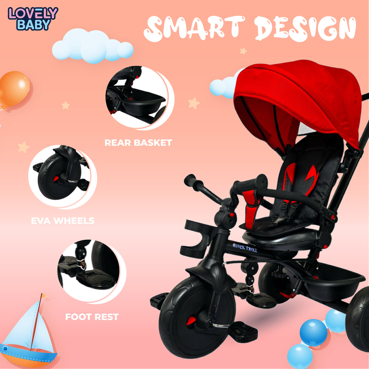 Children's tricycle with features highlighted on a pink background