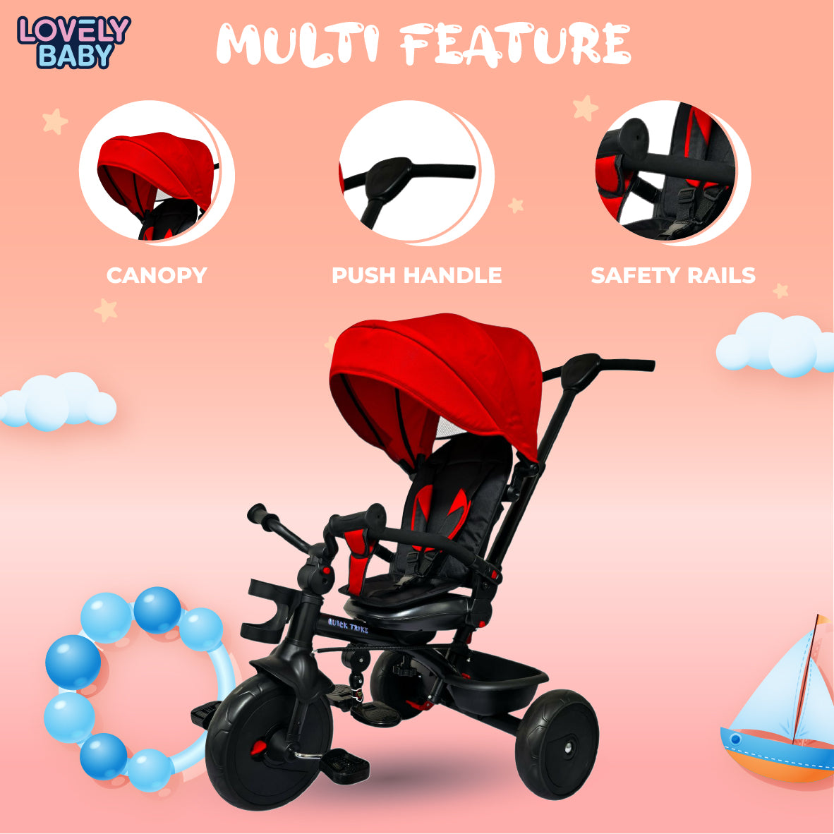 Children's tricycle with red canopy on a pink background, featuring 'Lovely Baby' brand.