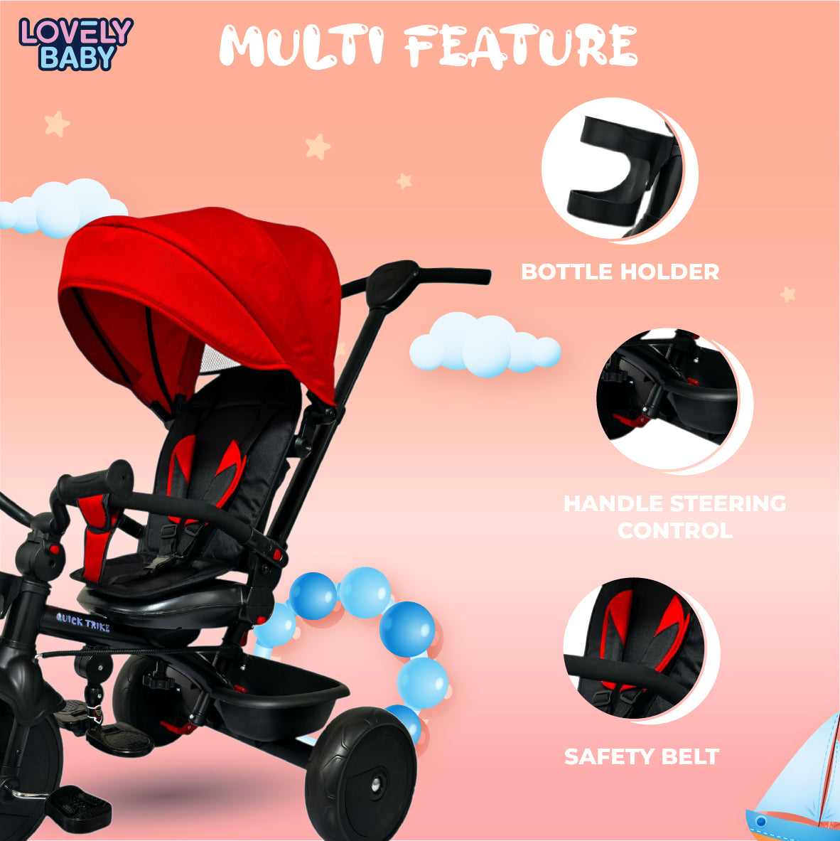 Red and black baby stroller with features highlighted on a pink background