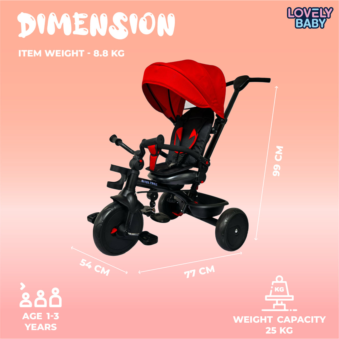 Red and black baby tricycle with dimensions and weight capacity on a pink background