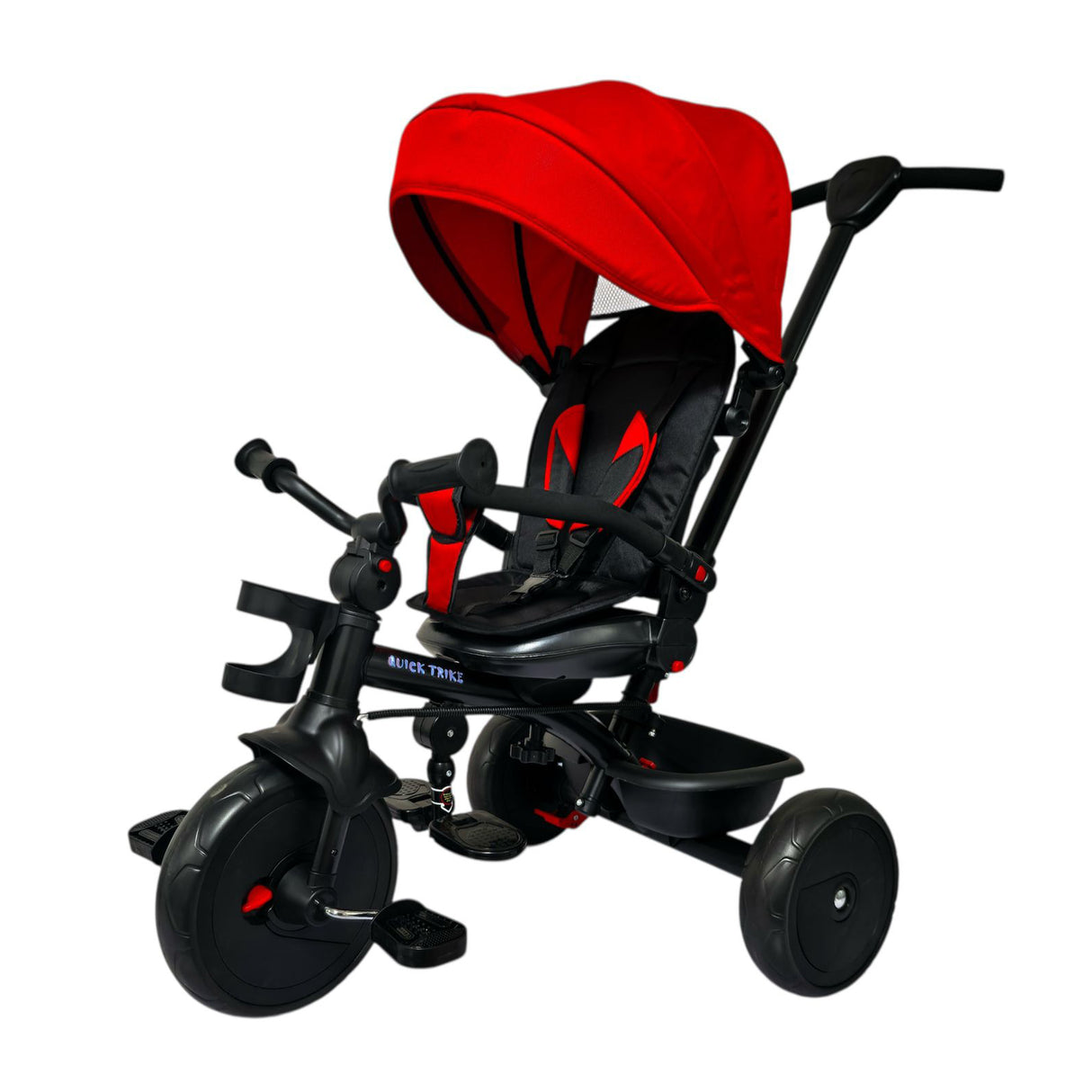 Red and black child's tricycle with canopy on a white background