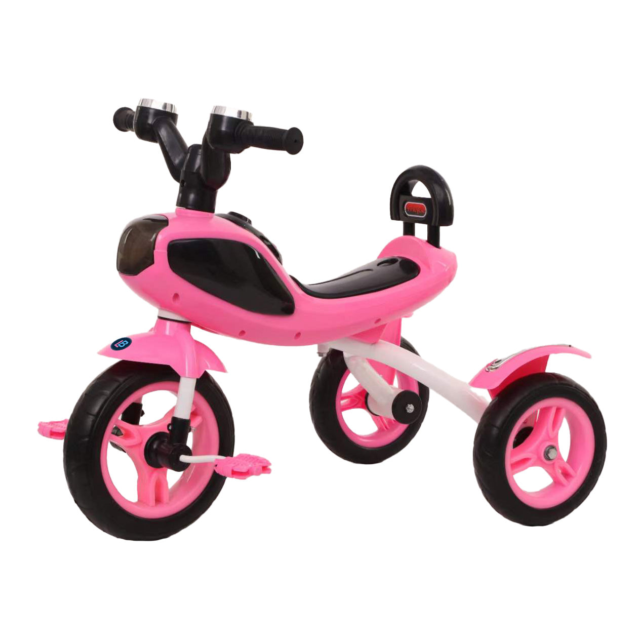Pink and black tricycle on a white background