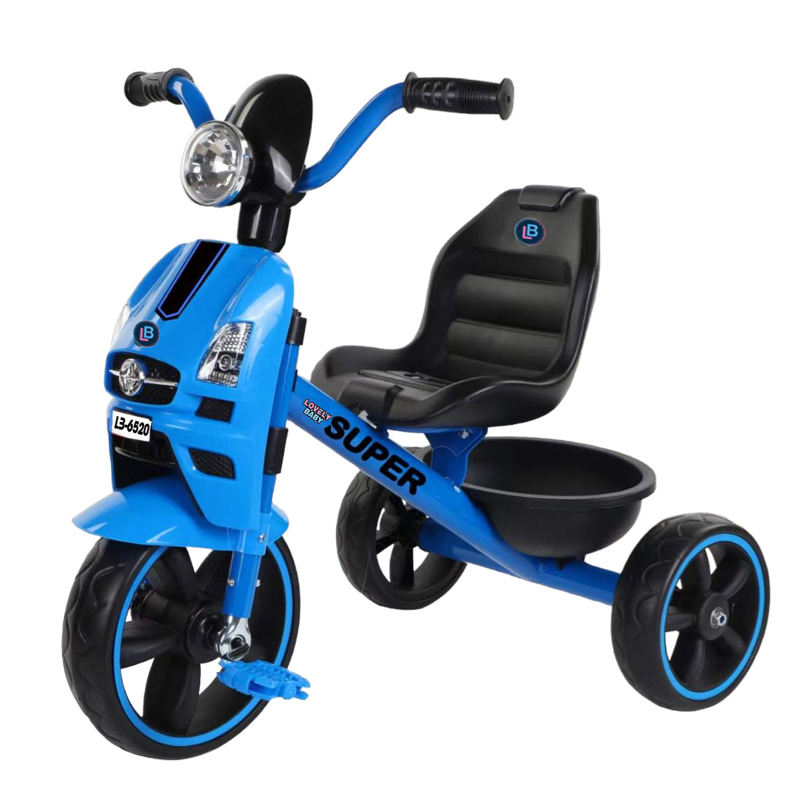Blue children's tricycle with black seat on a white background