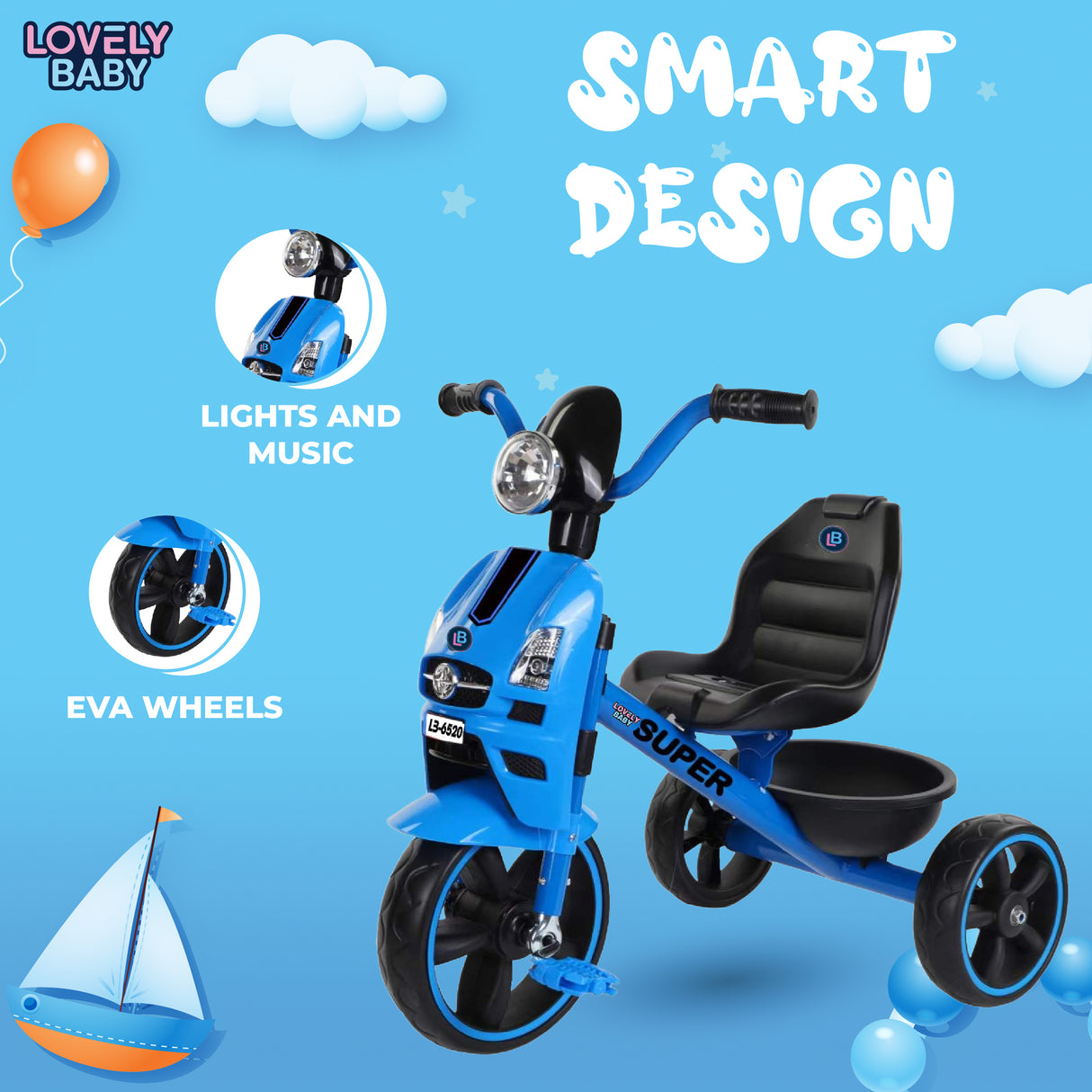 Blue children's tricycle with features like lights, music, EVA wheels, and a seat on a blue background.