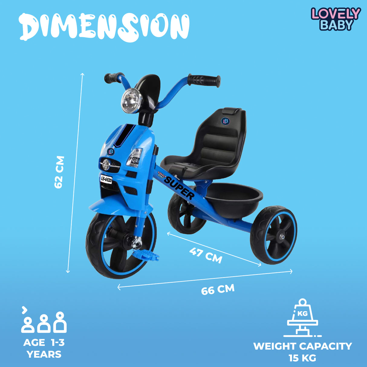 Blue children's tricycle with dimensions and weight capacity on a blue background