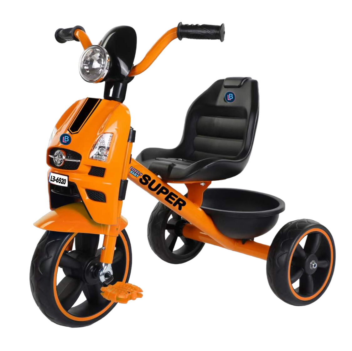 Orange children's tricycle with black seat on a white background