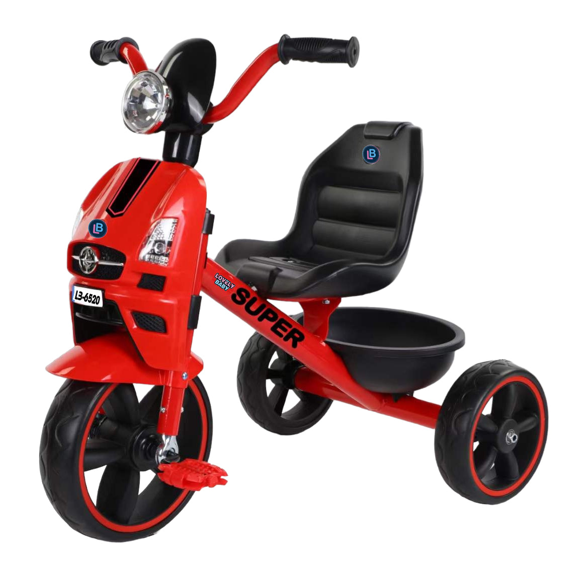 Red and black tricycle with a seat on a white background