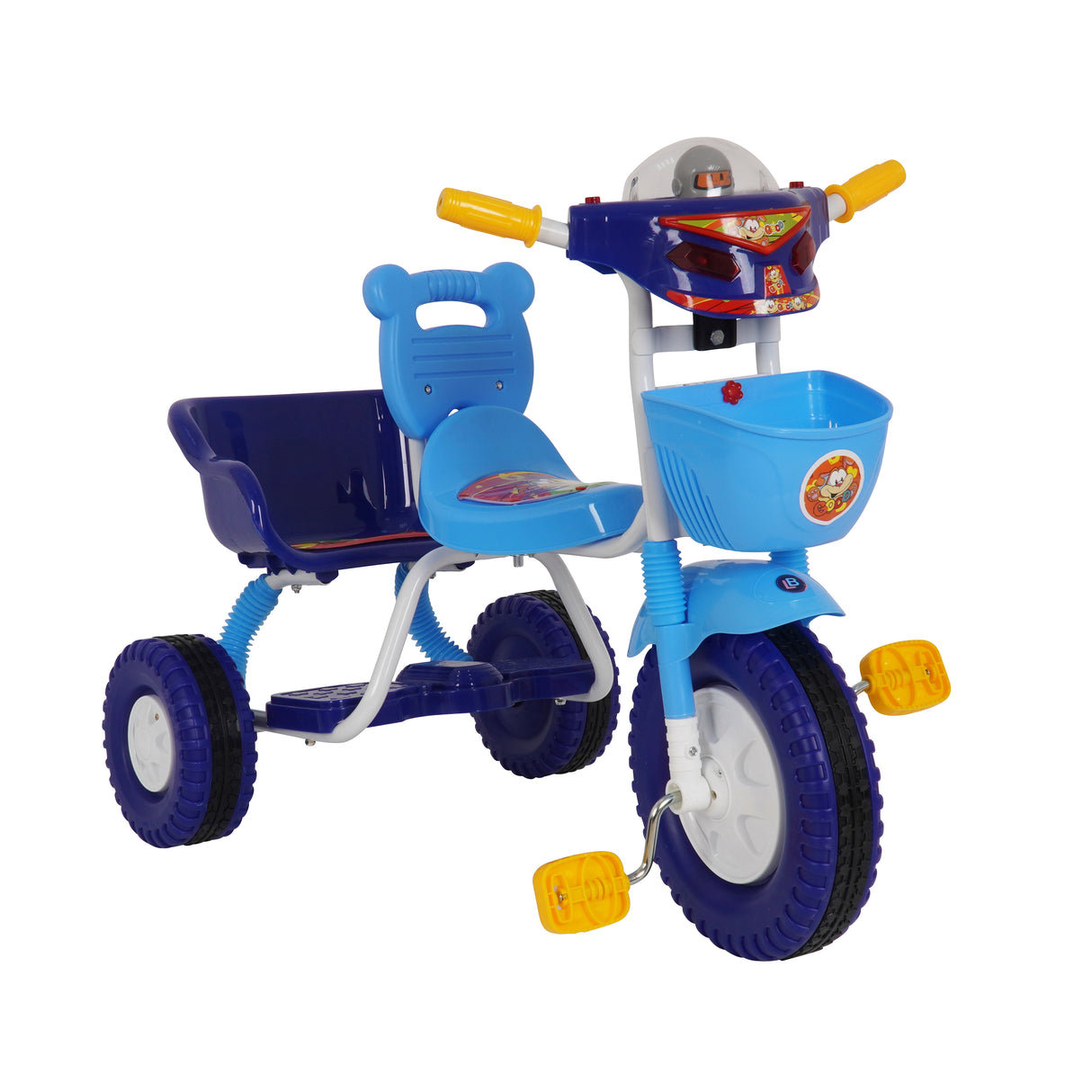 Colorful children's tricycle with blue seat and basket on a white background
