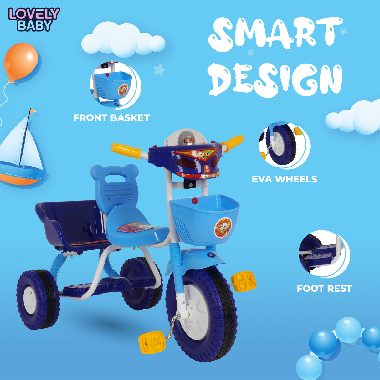 Blue children's tricycle with features highlighted on a blue background