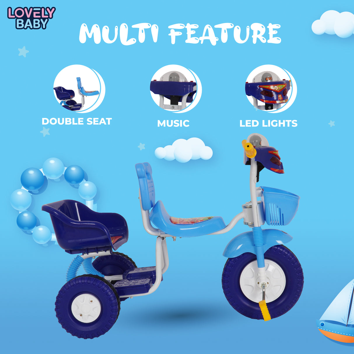 Children's tricycle with multiple features on a blue background, featuring the brand 'Lovely Baby'.