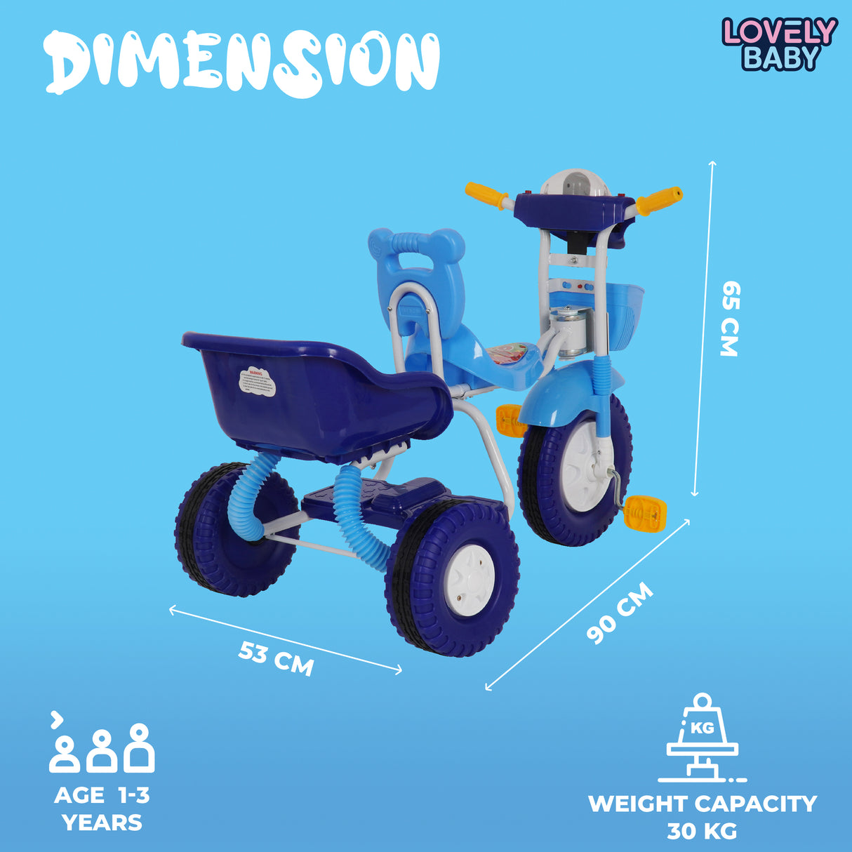 Blue children's tricycle with dimensions and capacity details on a blue background