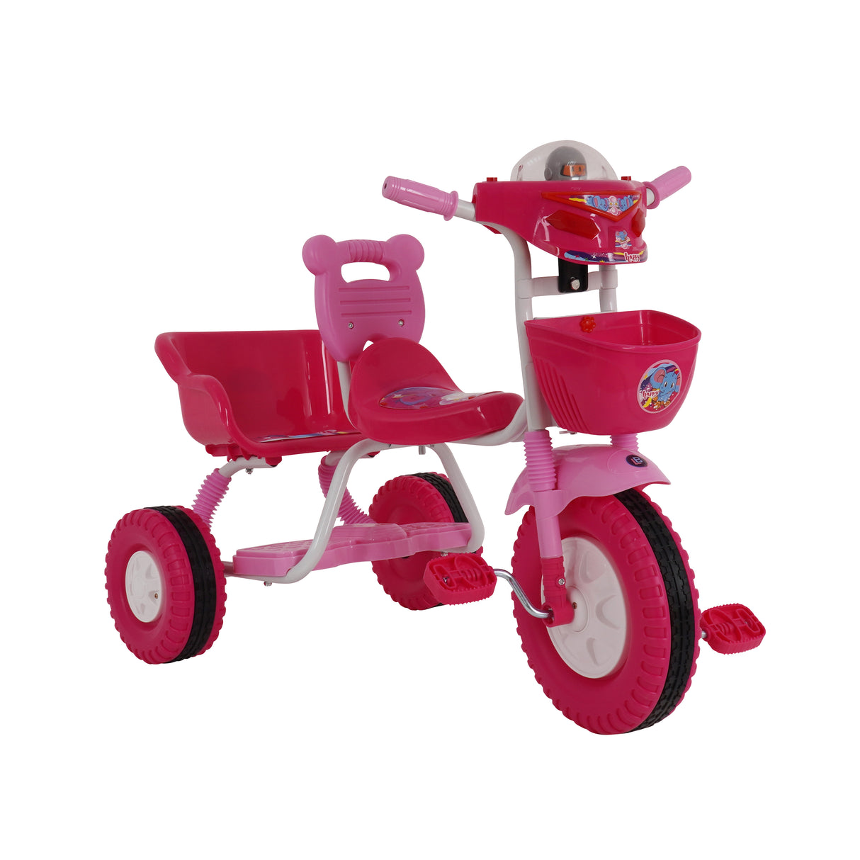 Pink children's tricycle with basket on a white background