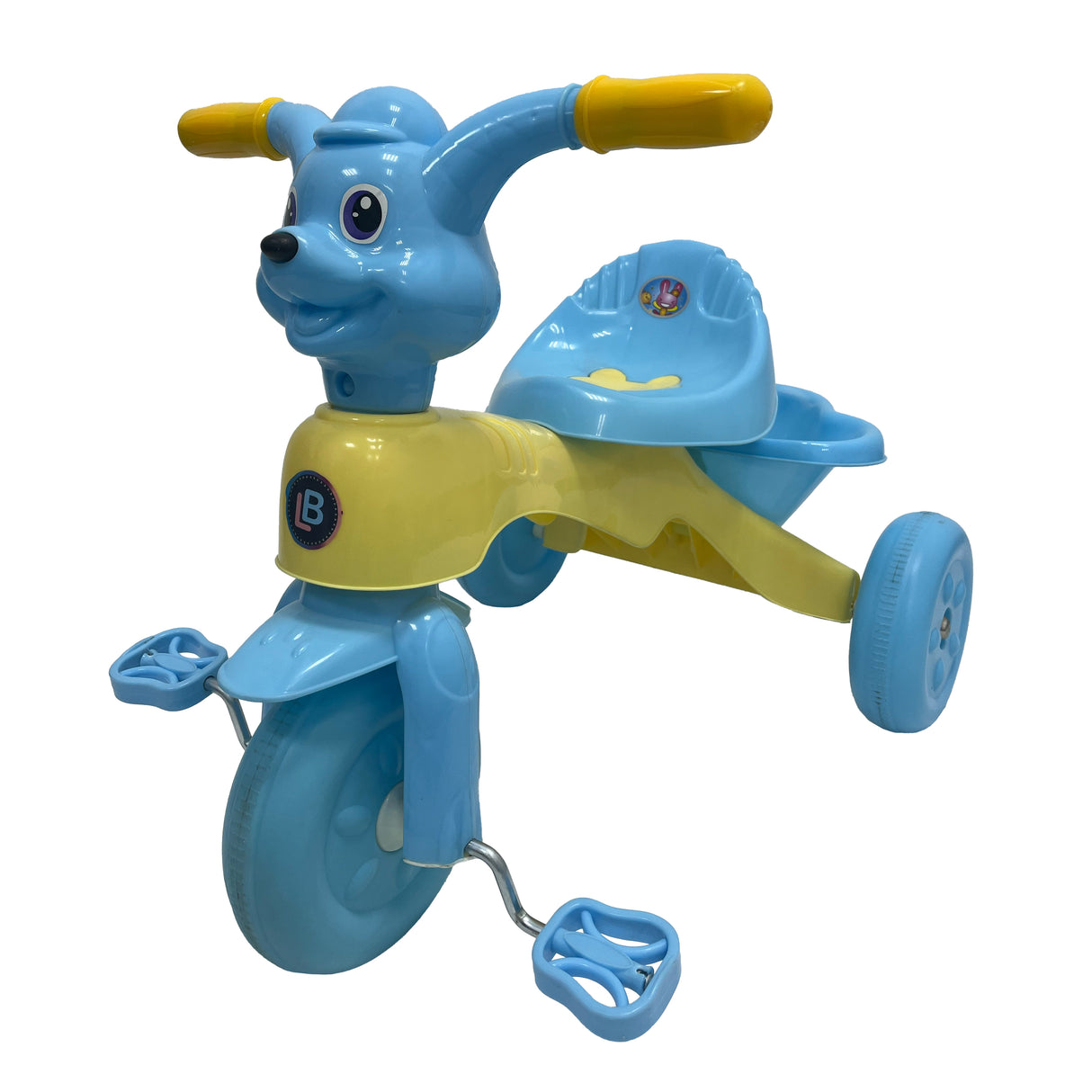 Blue and yellow children's tricycle with a cartoon face on a white background