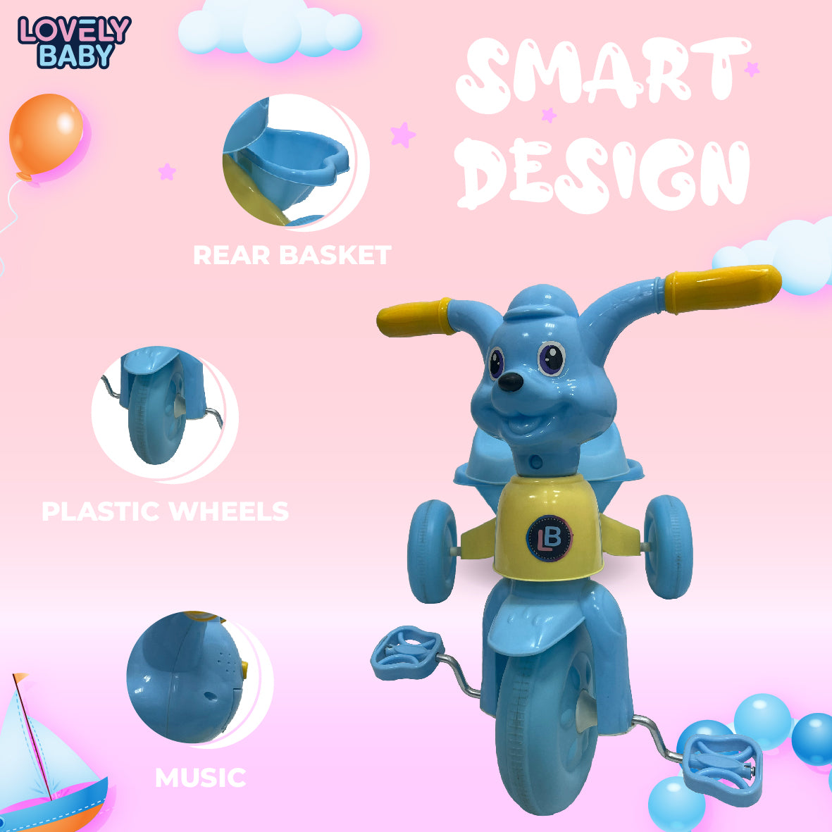 Children's toy bike with features highlighted on a pink background