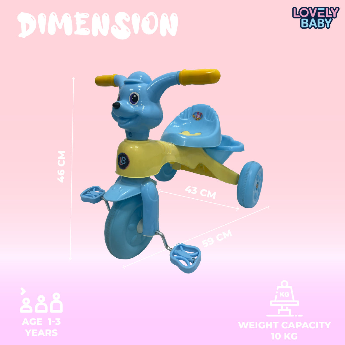 Blue and yellow toy tricycle with dimensions and branding on a pink background