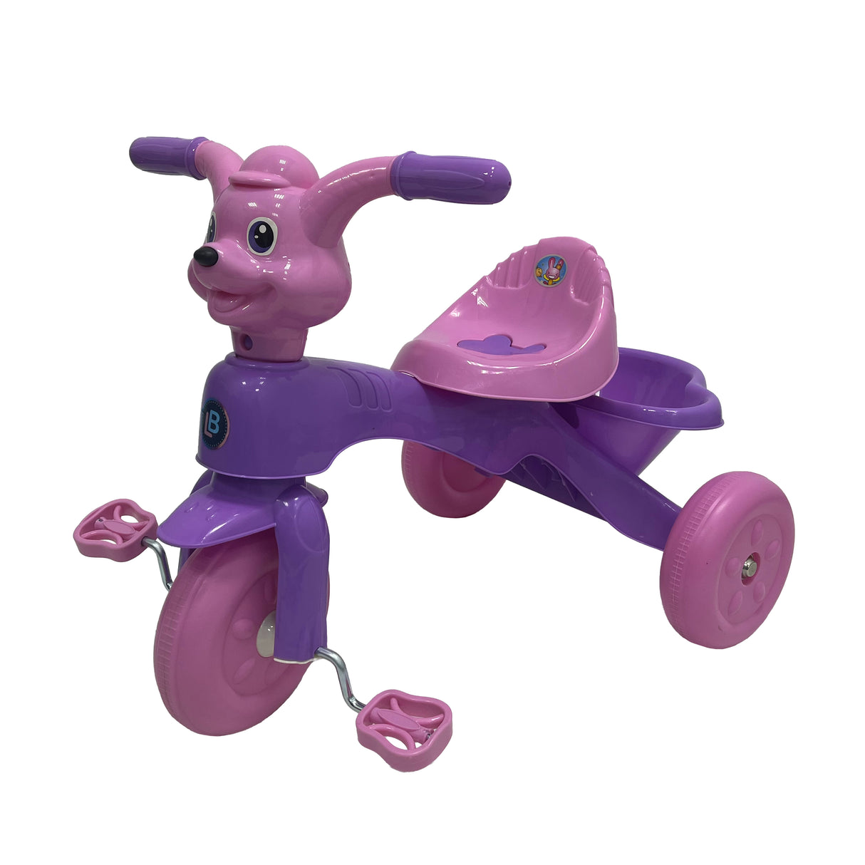 Purple and pink children's tricycle on a white background