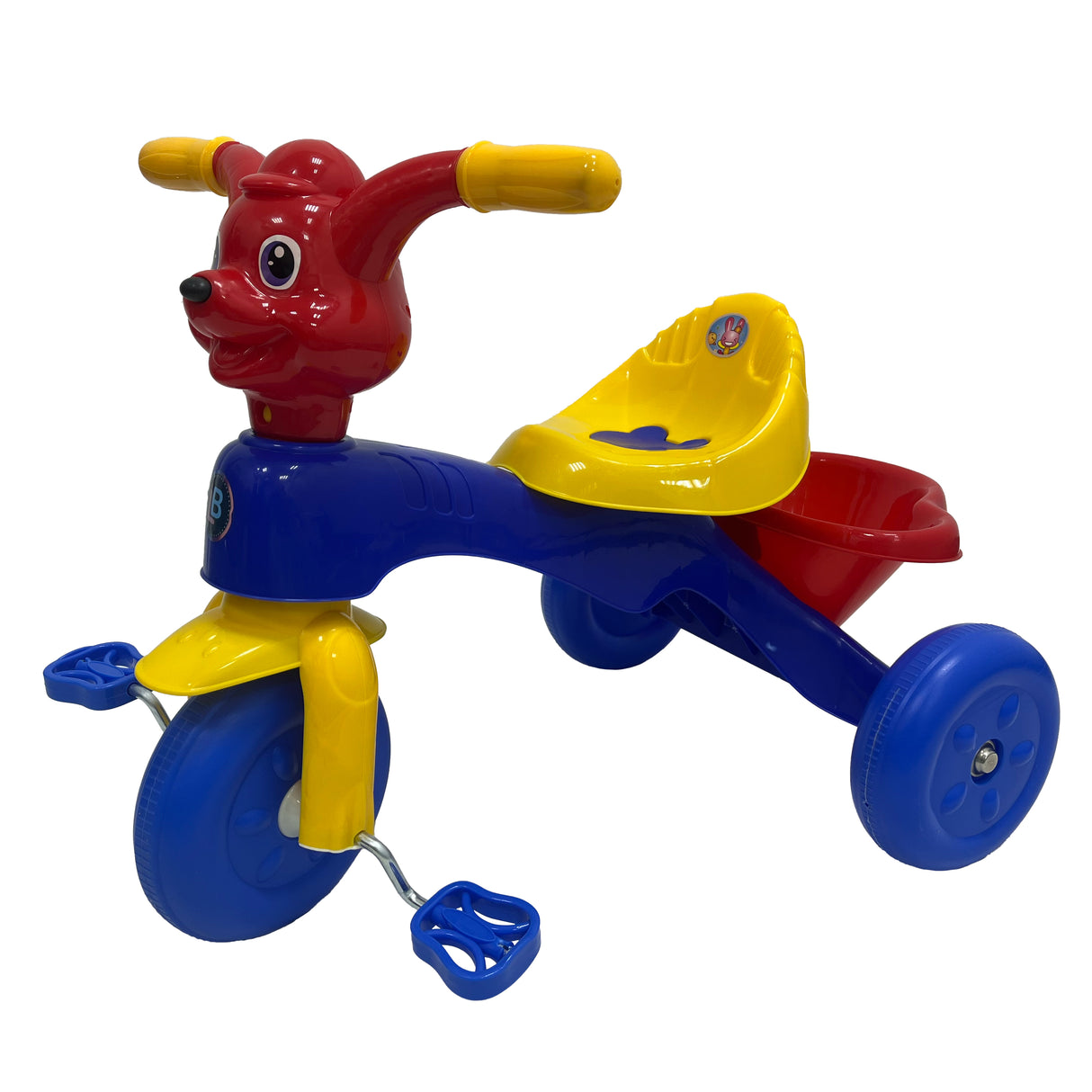 Colorful children's tricycle with red, blue, and yellow colors on a white background