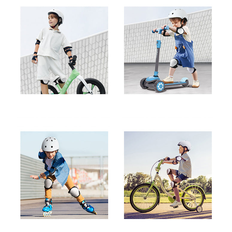 Four children using different modes of transportation with safety gear on a white background.