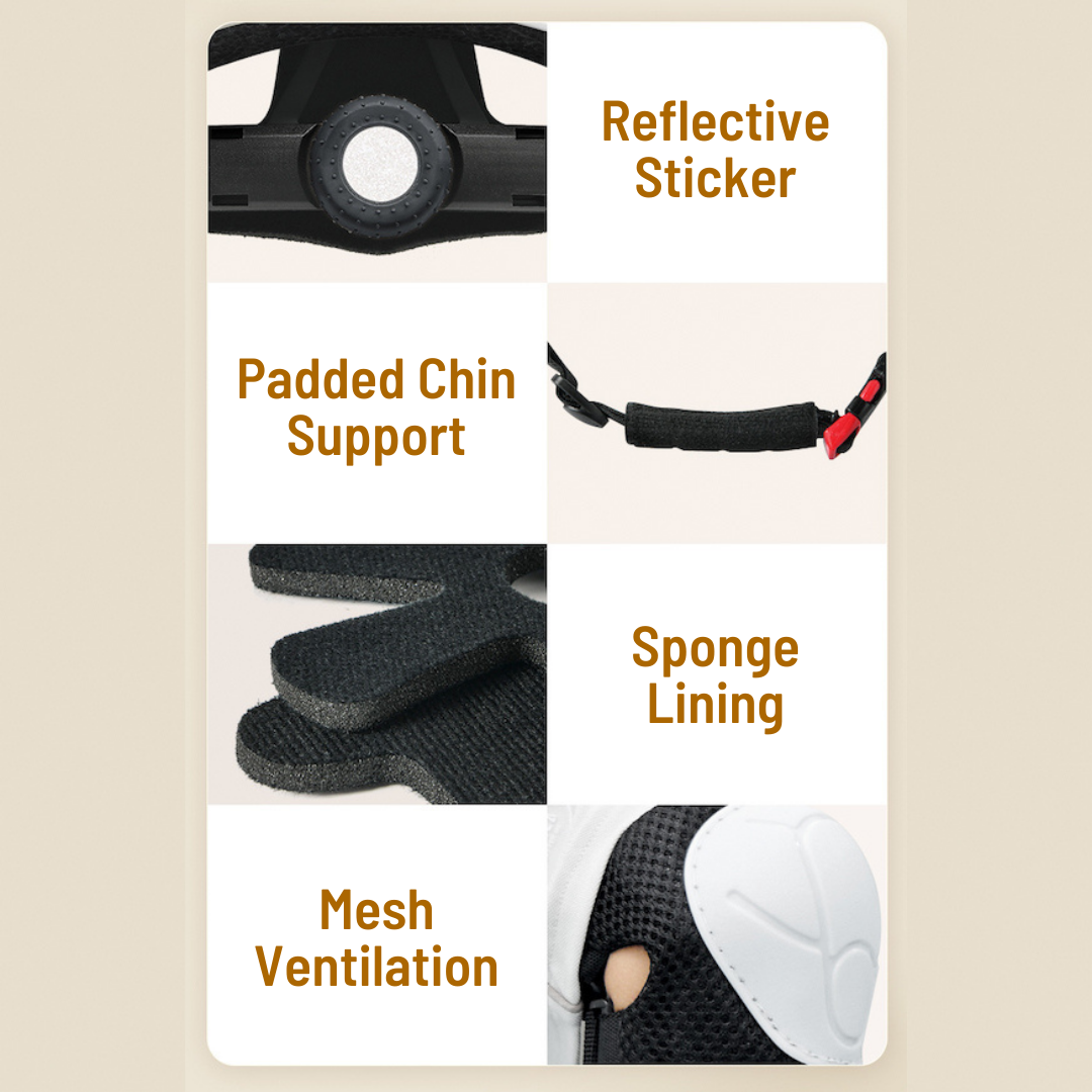 Product features including reflective sticker, padded chin support, sponge lining, and mesh ventilation on a beige background.