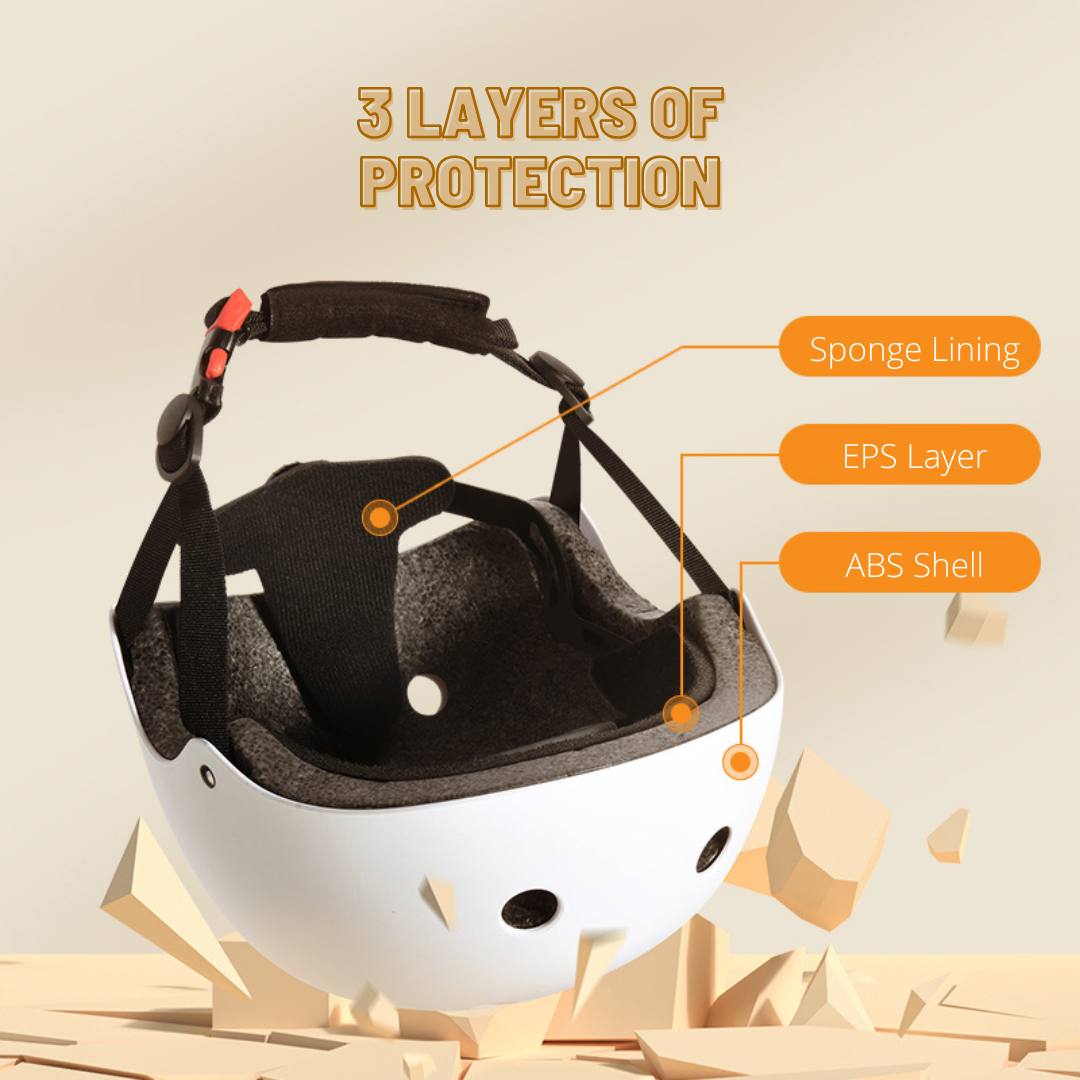 Helmet with labeled layers of protection on a beige background