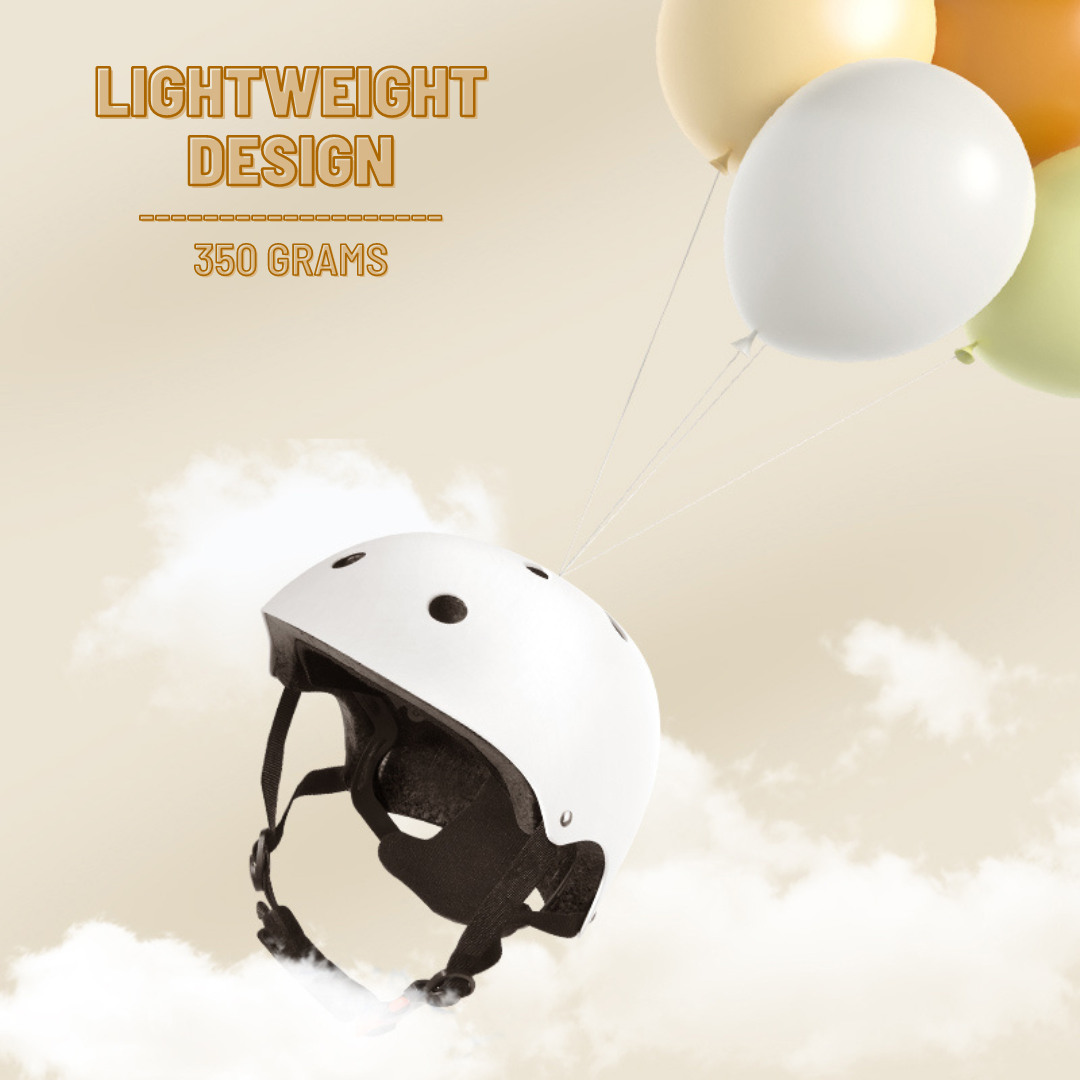 White helmet with black chin strap on a cloud background with balloons, text 'Lightweight Design' and '350 Grams'.