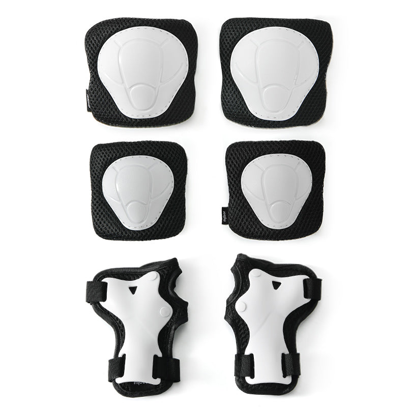 Set of six protective knee and elbow pads on a white background