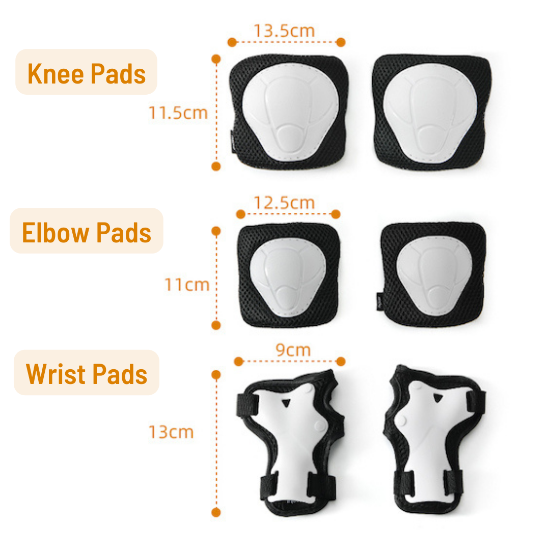 Knee, elbow, and wrist pads with measurements on a white background