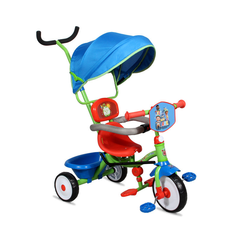 A colorful Mogoo Cocomelon Playtime Tricycle with a blue canopy, red seat, green handlebars, and white wheels.