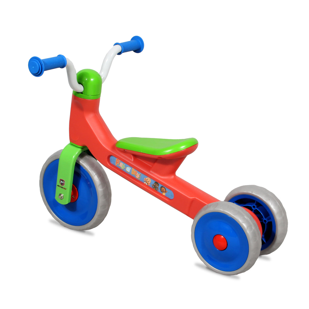 Colorful children's coocmelon tricycle on a white background