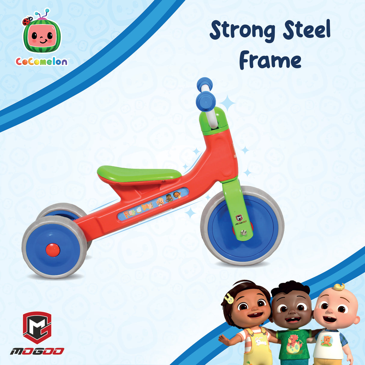 Children's tricycle with CoComelon branding on a light blue background