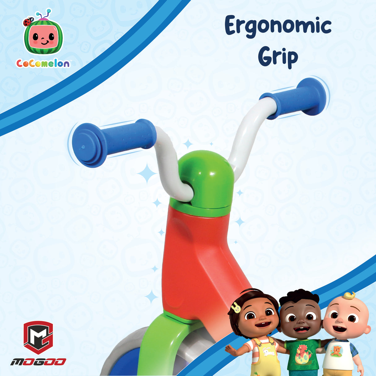 Children's balance bike with ergonomic grip on a blue background, featuring CoComelon branding.