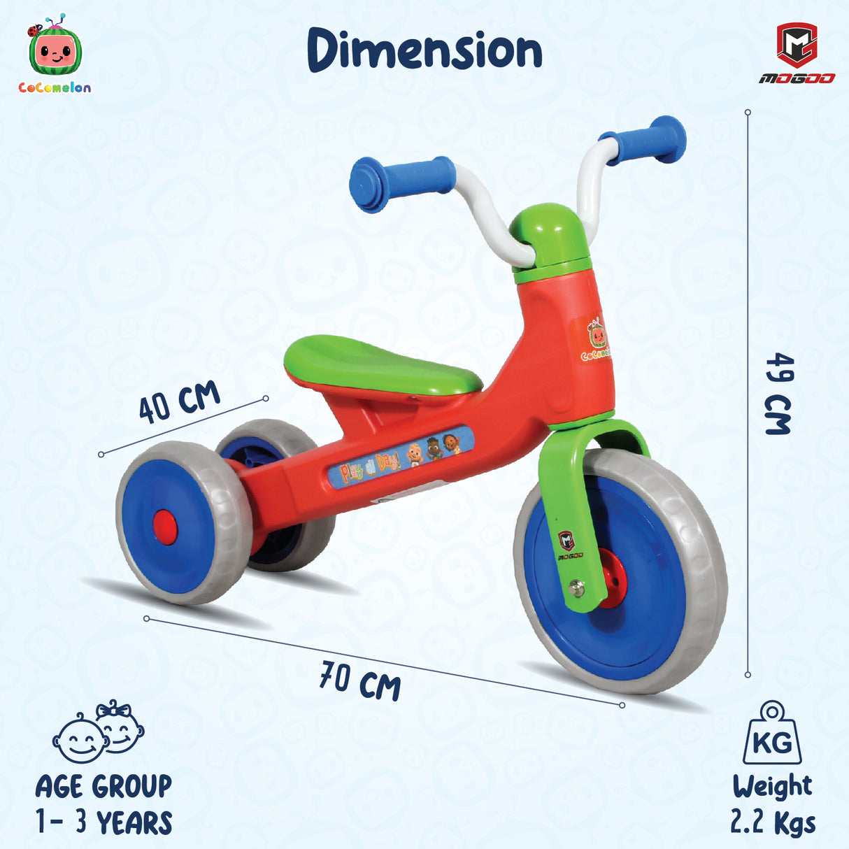 Colorful children's tricycle with dimensions and weight information on a light blue background