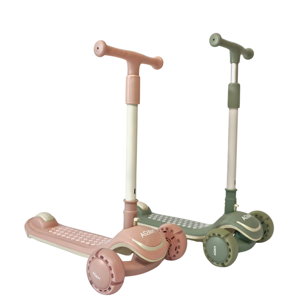 Two children's scooters, one pink and one green, on a white background.