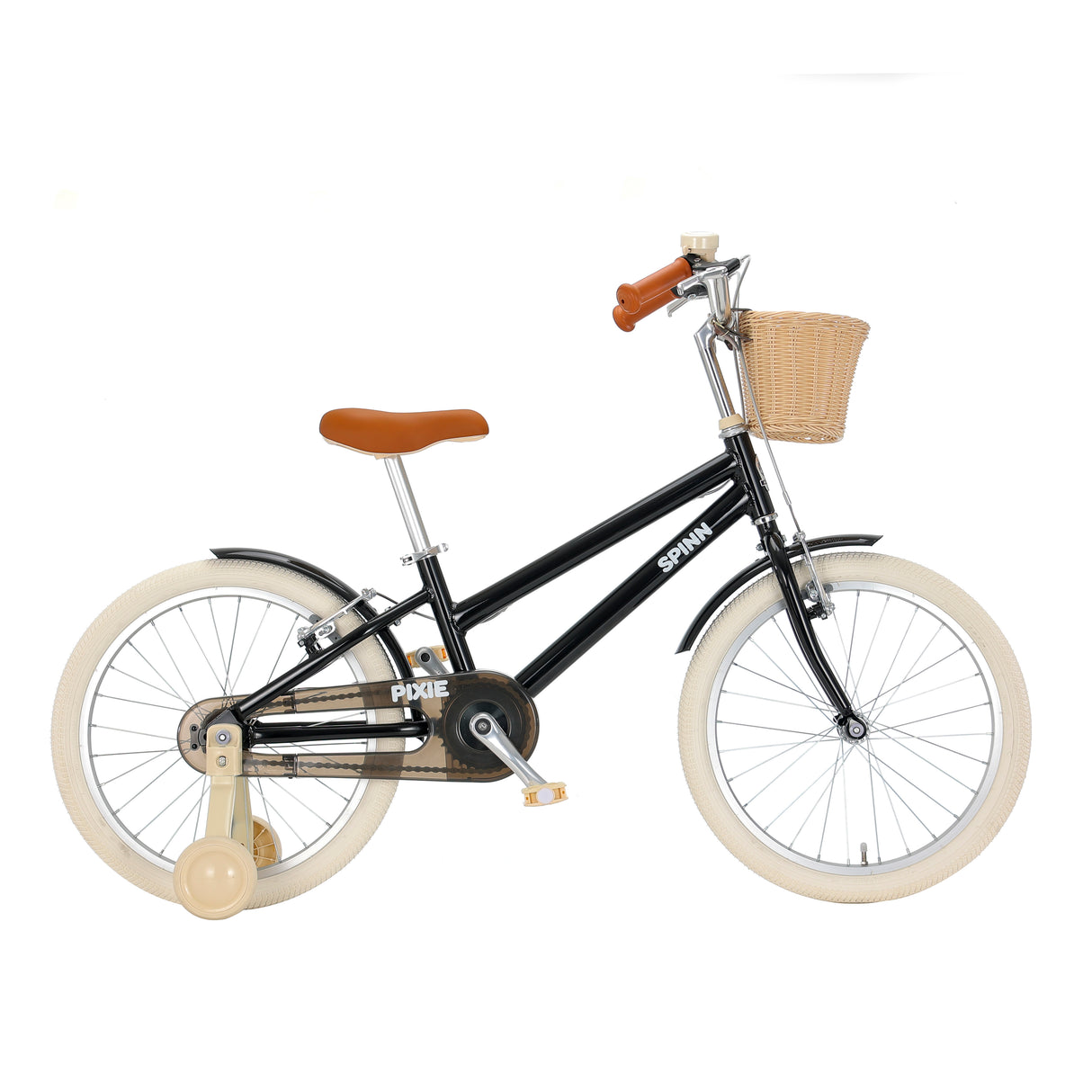 Black children's bike with a brown basket and seat on a white background
