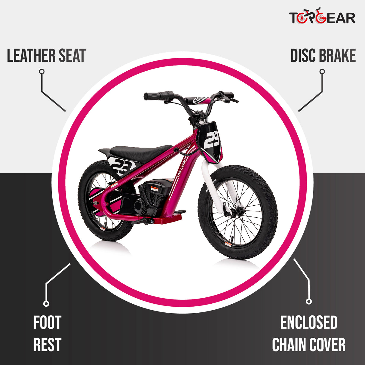 Children's motorbike with features highlighted on a white background