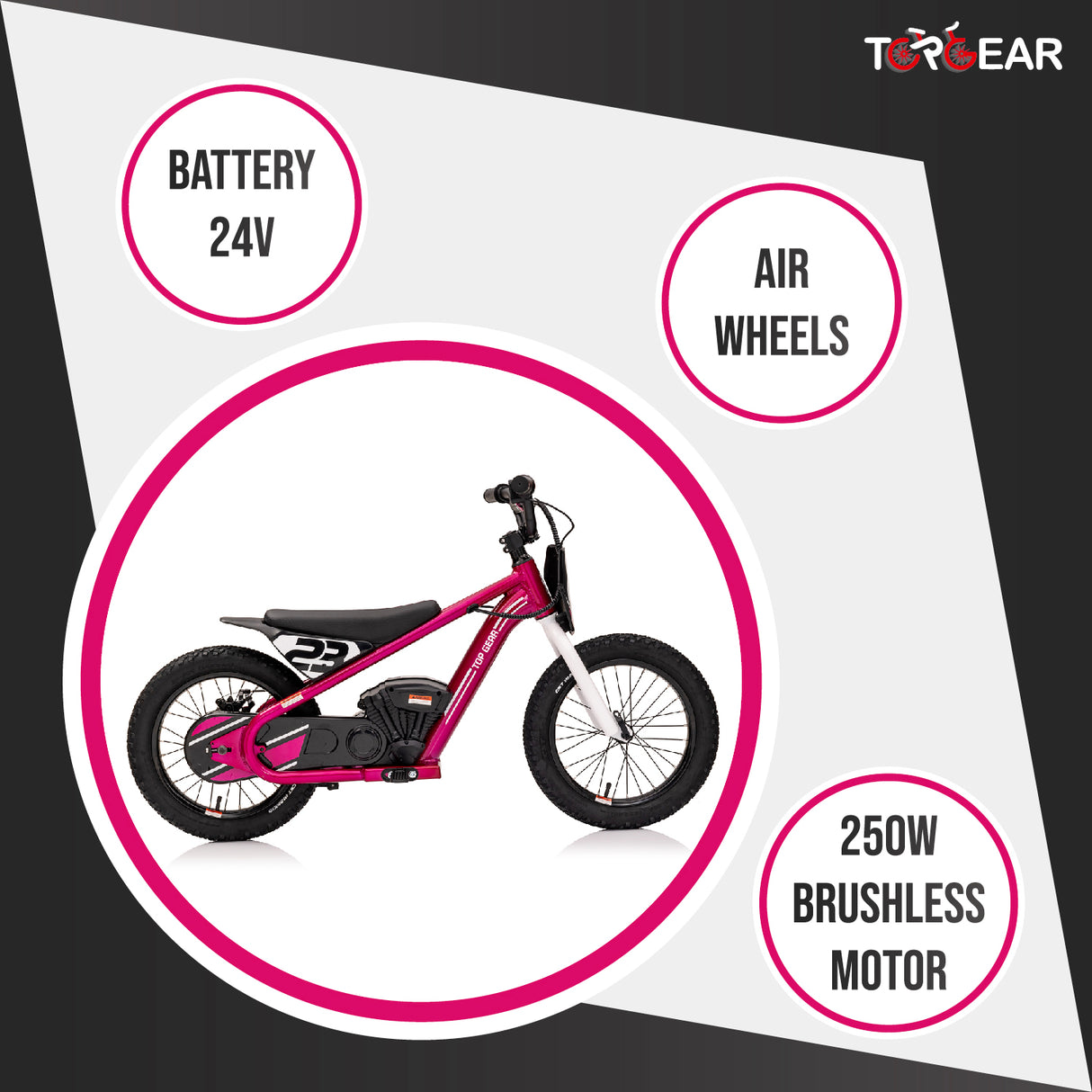 Children's motorbike with specifications on a white background, featuring the Top Gear brand.