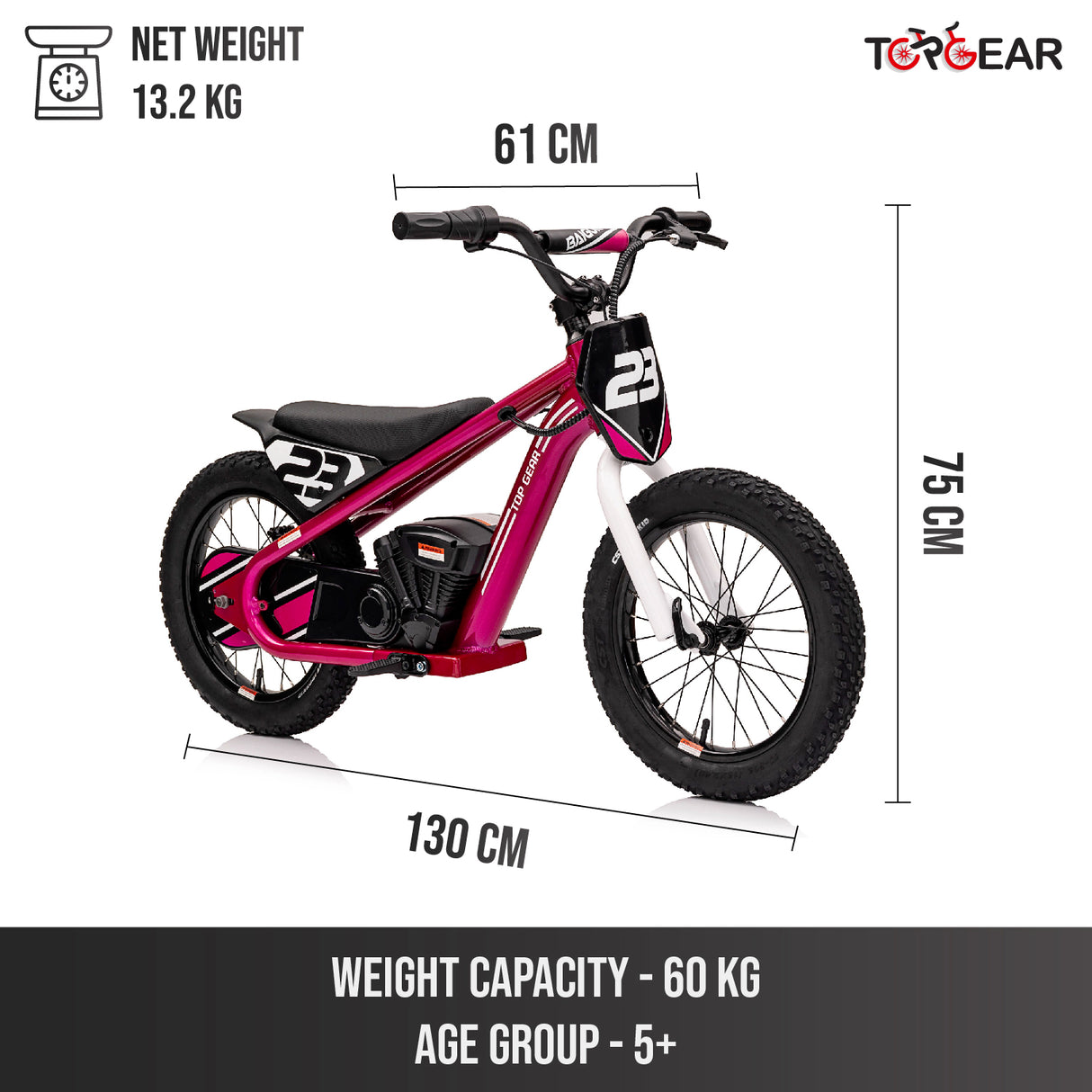 Children's motorbike with dimensions and Top Gear branding on a white background