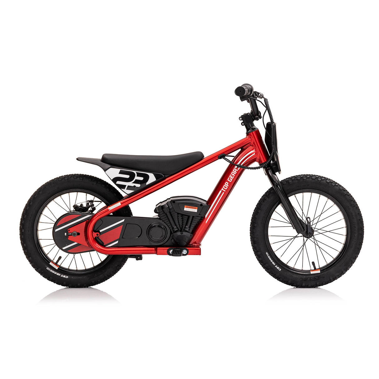 Red children's electric motorbike with black seat on a white background