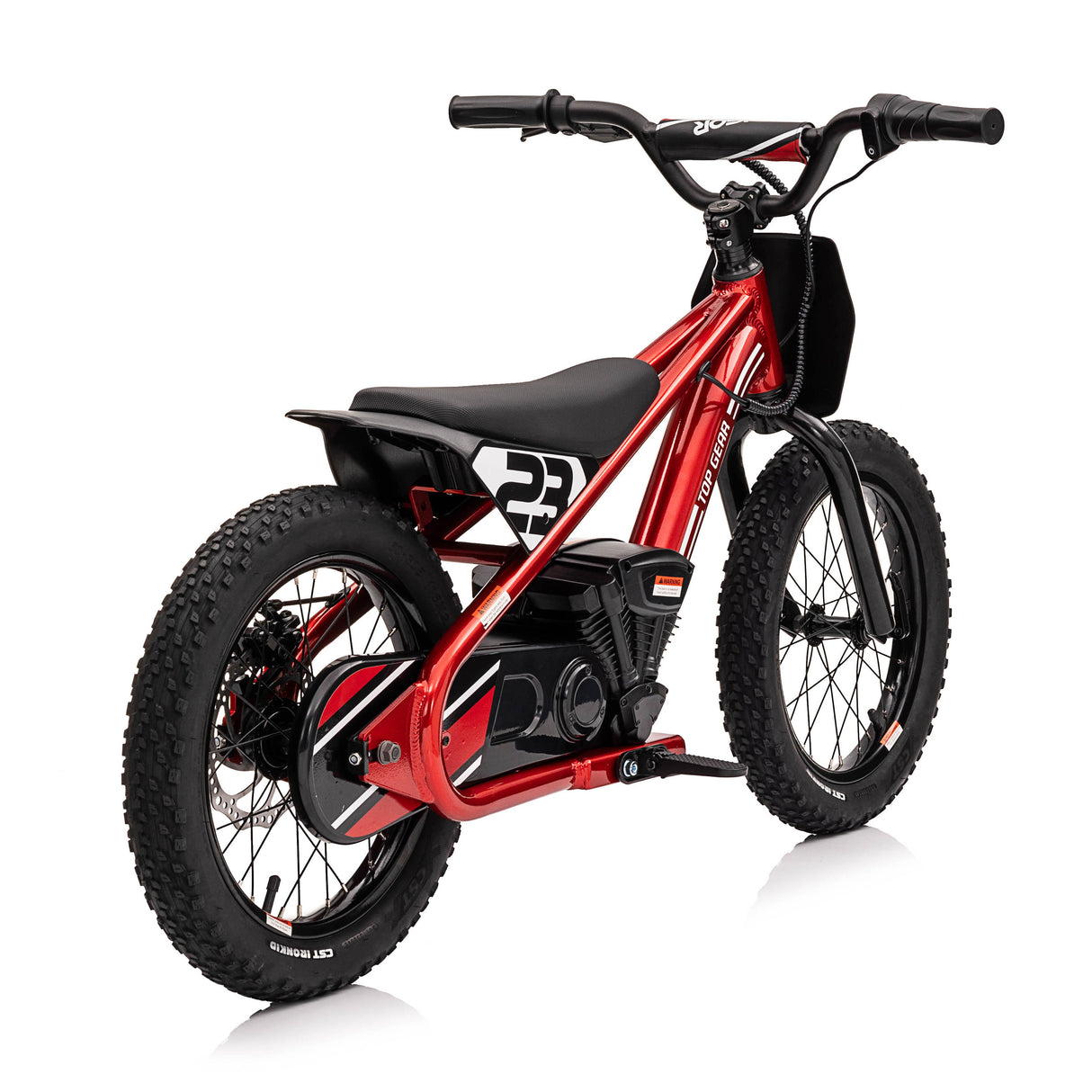 Red children's electric bike on a white background