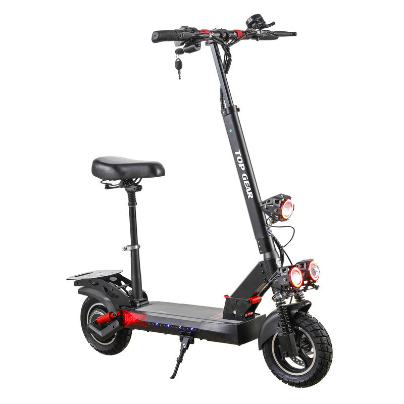 Black electric scooter with a seat on a white background