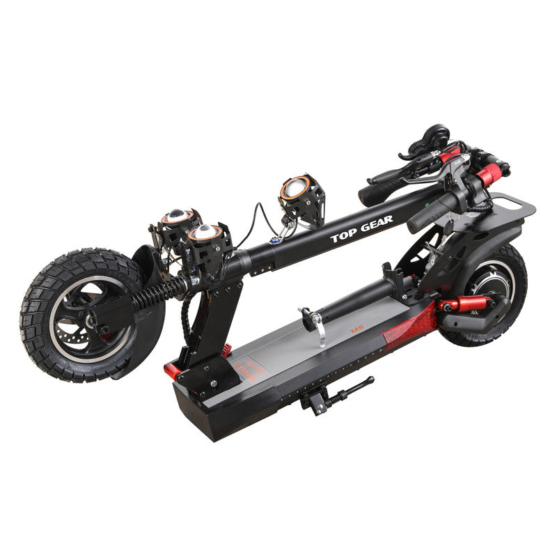 Black and red electric scooter with 'Top Gear' branding on a white background