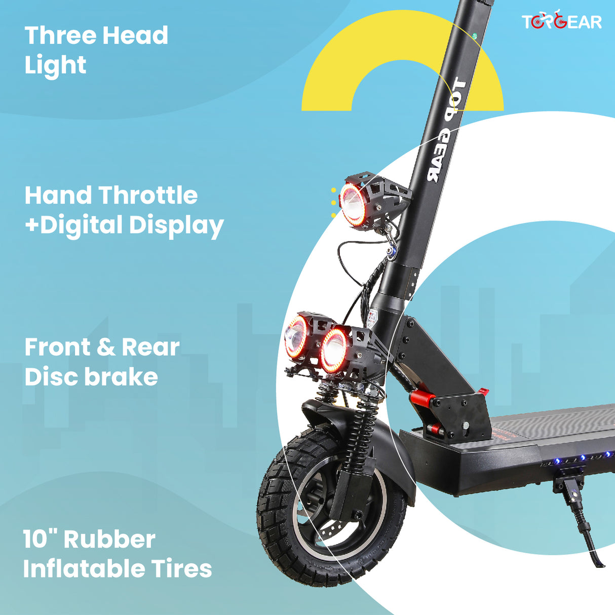 Electric scooter with features listed on a blue and white background