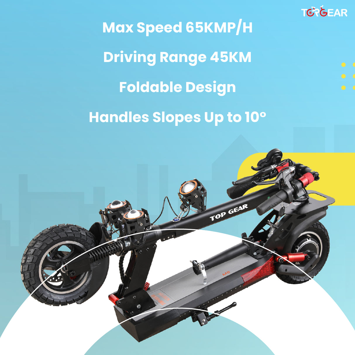 Top Gear electric scooter with specifications on a blue background