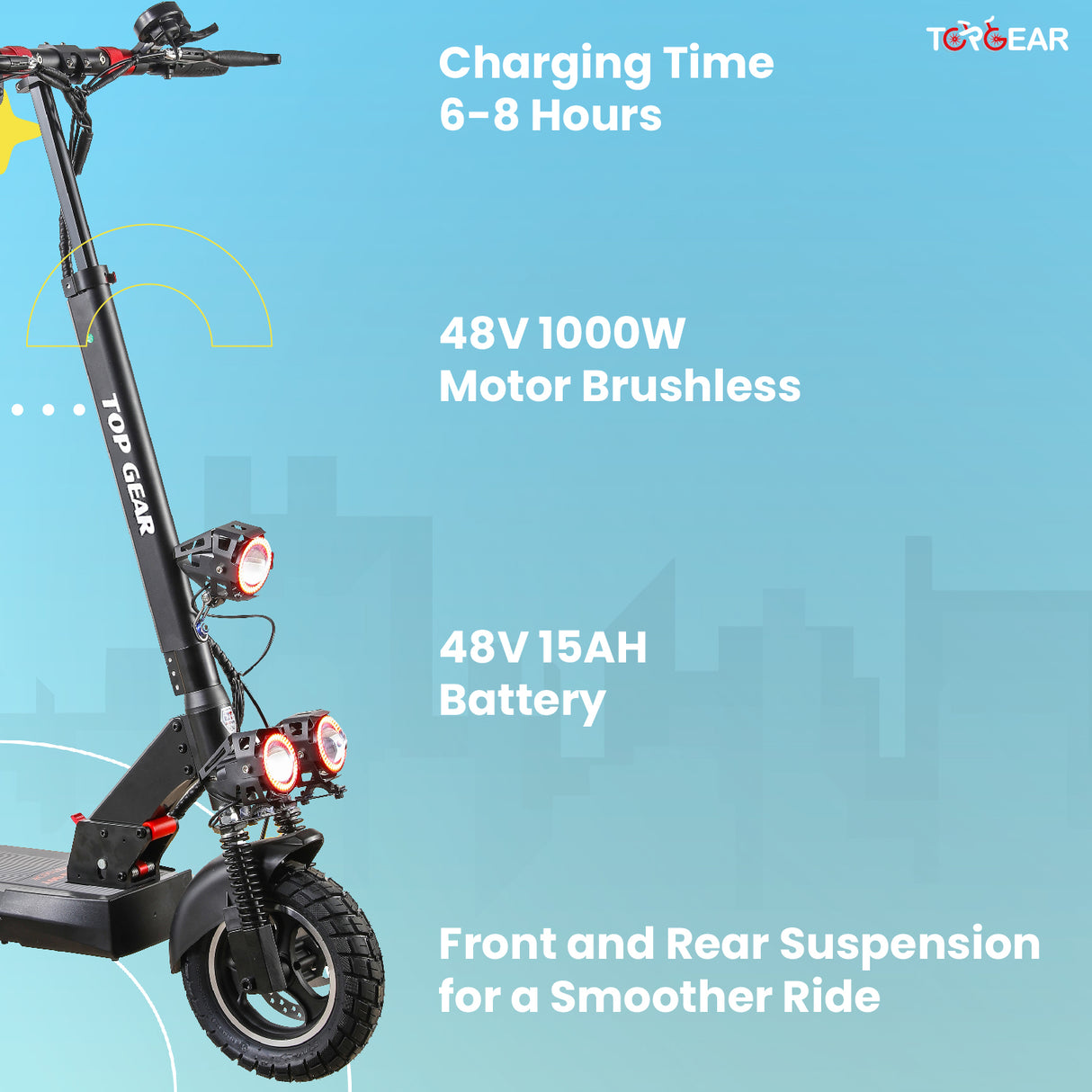 Electric scooter with specifications on a blue background
