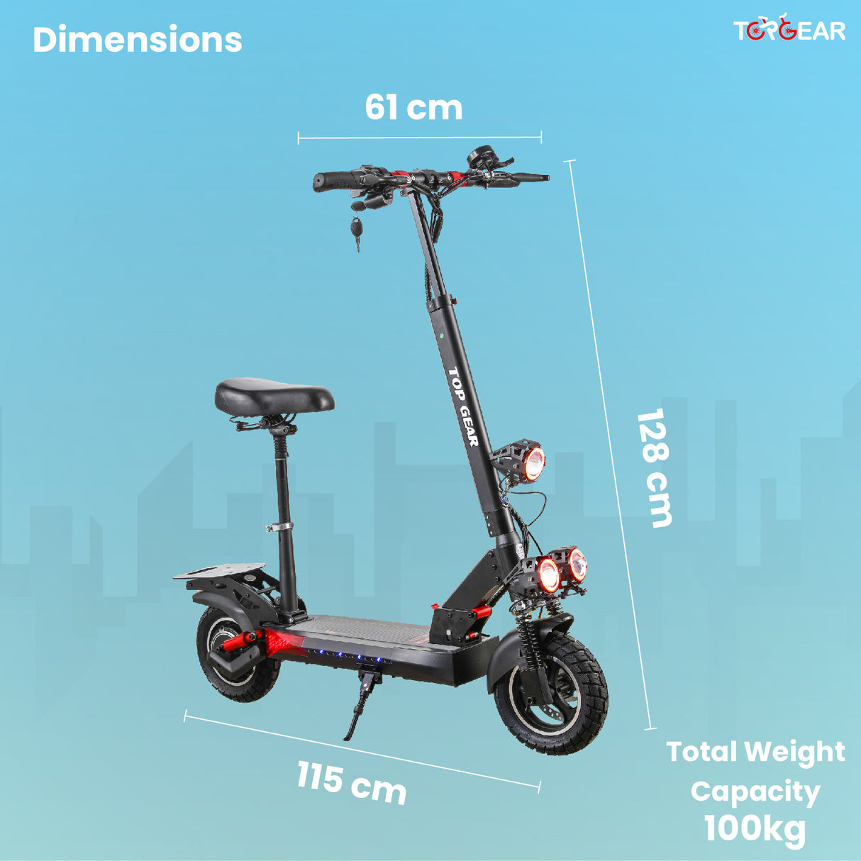 Electric scooter with dimensions labeled on a blue background