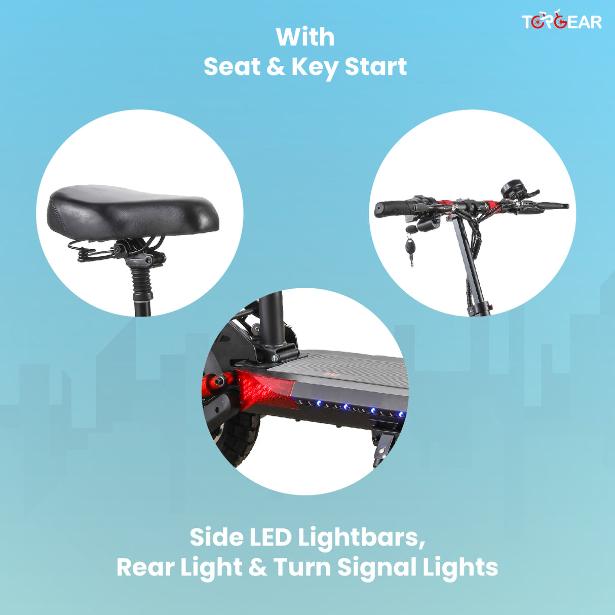 E-scooter features with seat, key start, side LED lightbars, rear light, and turn signal lights on a blue background.