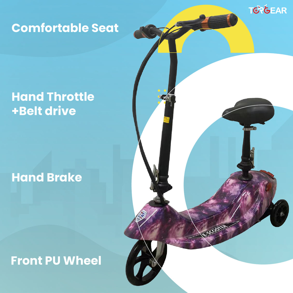 Purple scooter with text highlighting features on a blue and white background