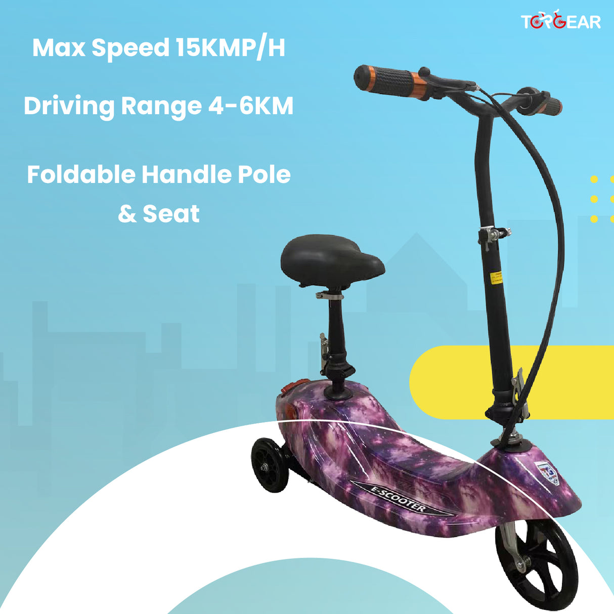 Purple scooter with text on max speed, driving range, and features on a blue background